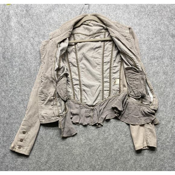 Free People Jacket Womens 4 Taupe Gray Corduroy Ruffle Peplum Romantic Military - Picture 9 of 16